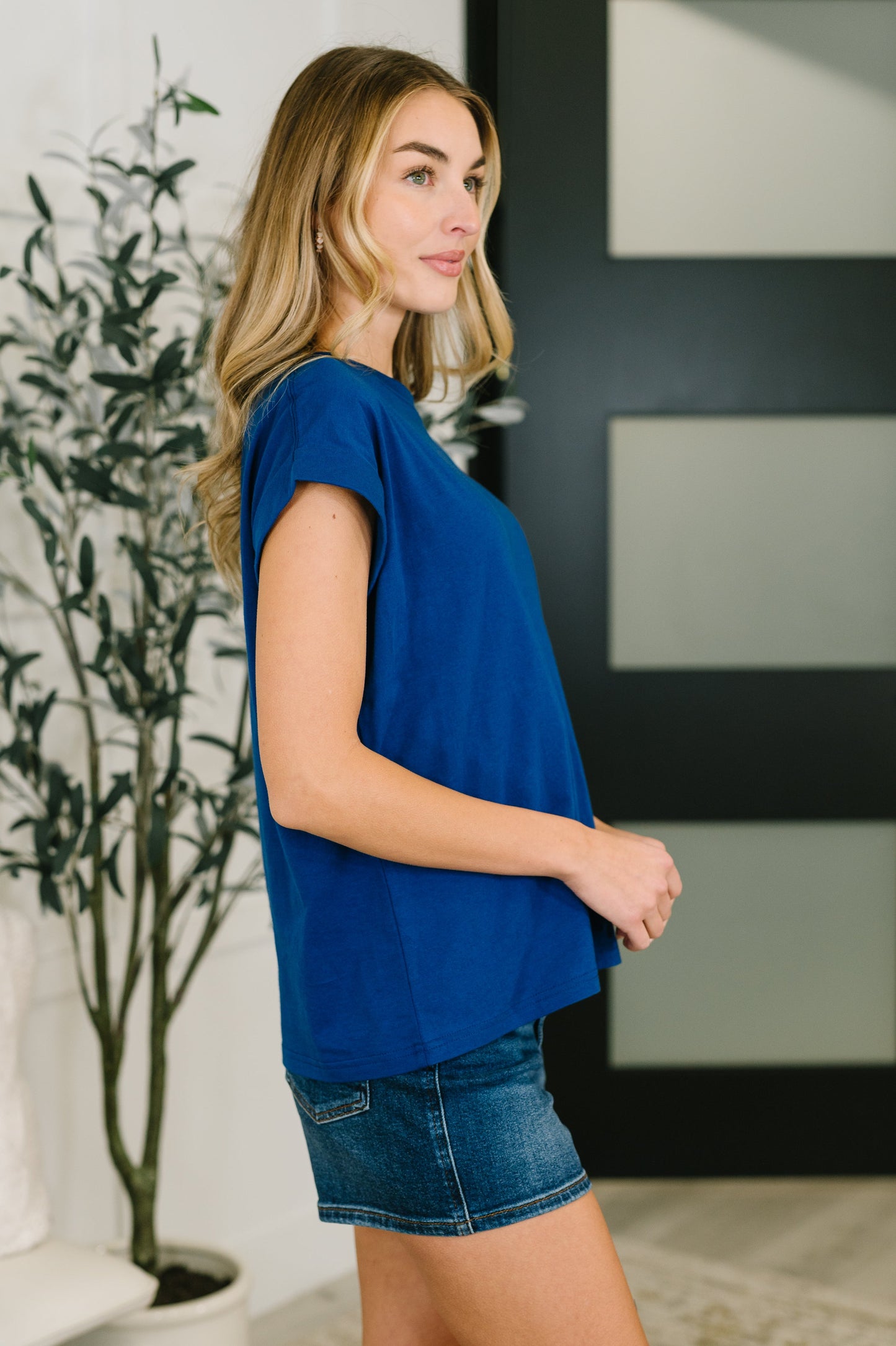 It Starts Here Basic Rolled Sleeve Tee in Lt Navy