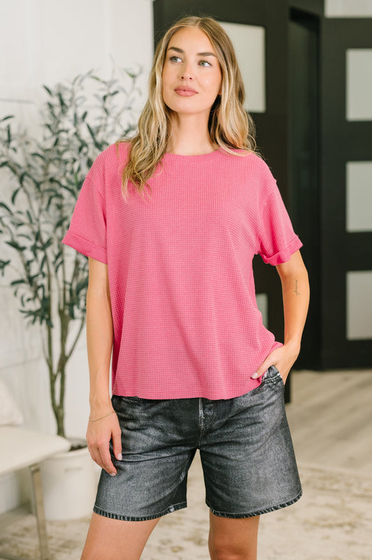 Leave It to Me Waffle Knit Relaxed Tee in Pink
