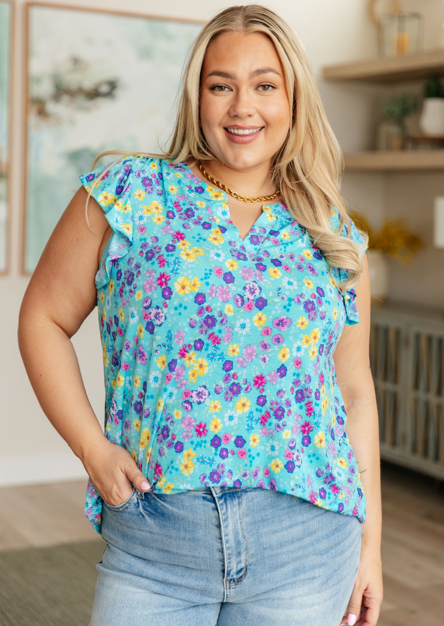 Lizzy Flutter Sleeve Top in Teal and Purple Floral