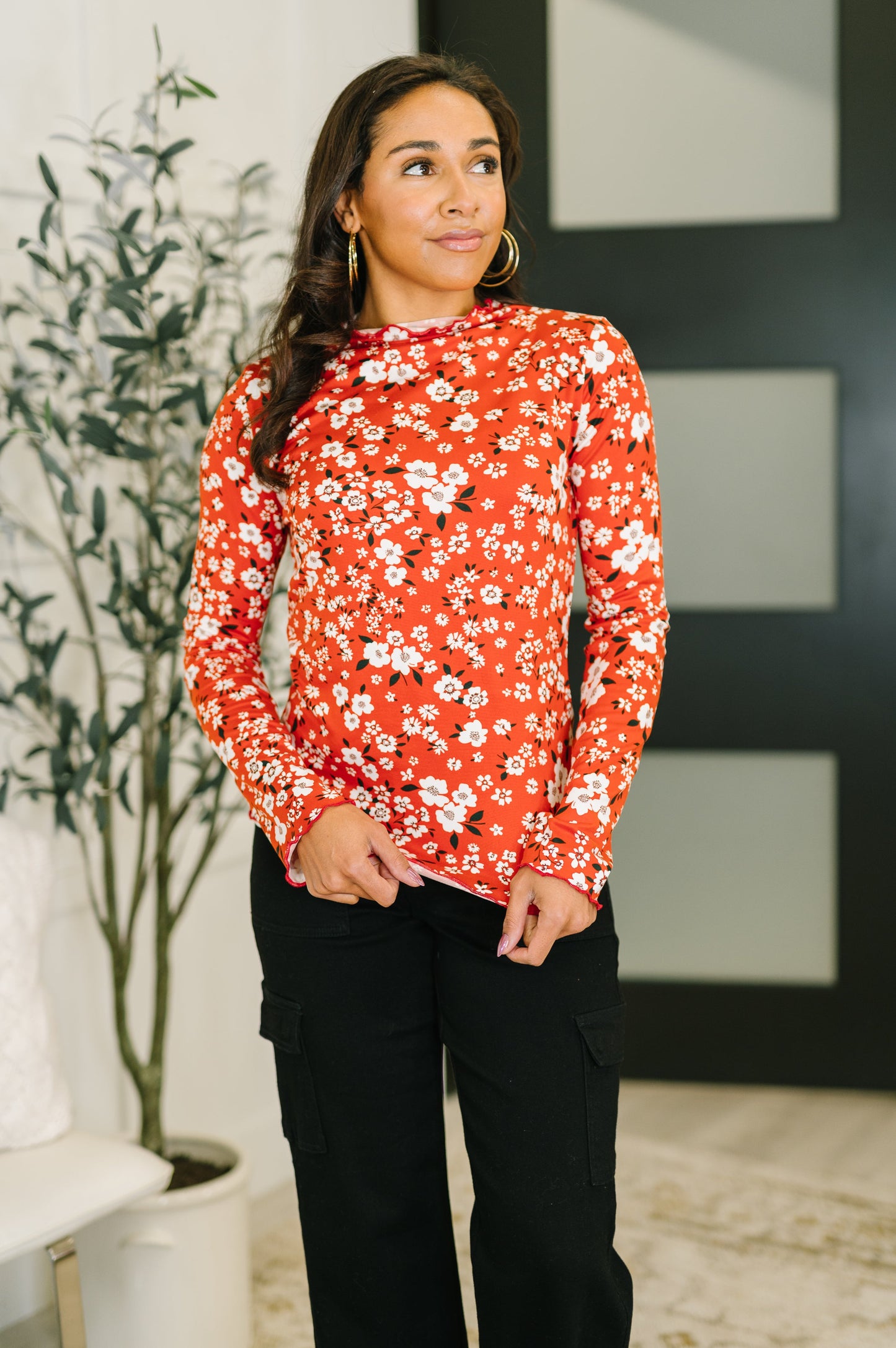 Somethings in the Air Lettuce Hem Longsleeve Top in Vermillion
