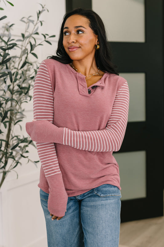 Talk to Me Long Sleeve Henley in Vintage Marsala