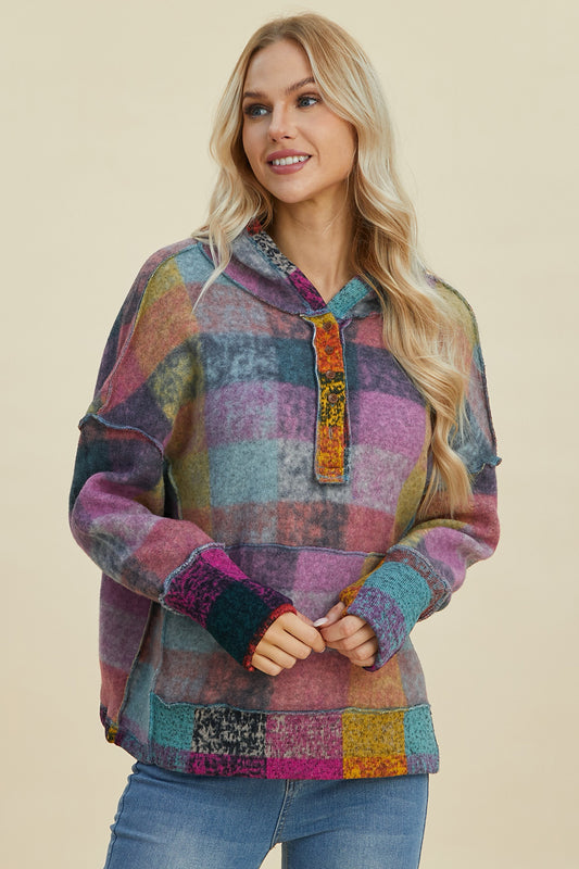 Oh Happy Day Plaid Dropped Shoulder Hoodie