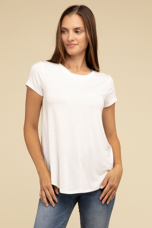 Flowy Round Hem Rayon Short Sleeve Top