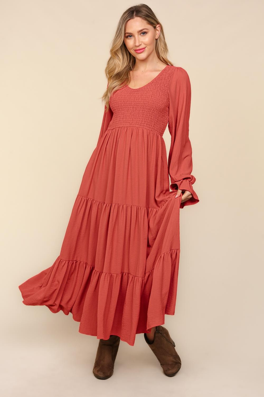 Smocking Maxi Woven Dress with Side Pockets in Marsala