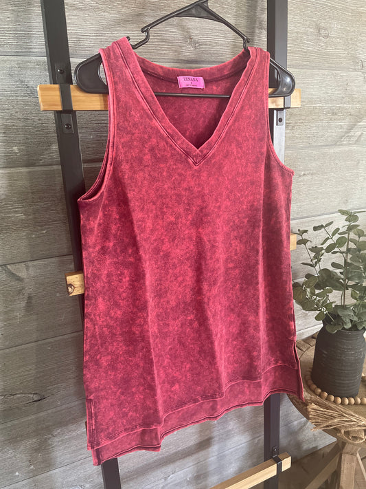 MINERAL WASH SLEEVELESS V-NECK TOP WITH SIDE SLIT