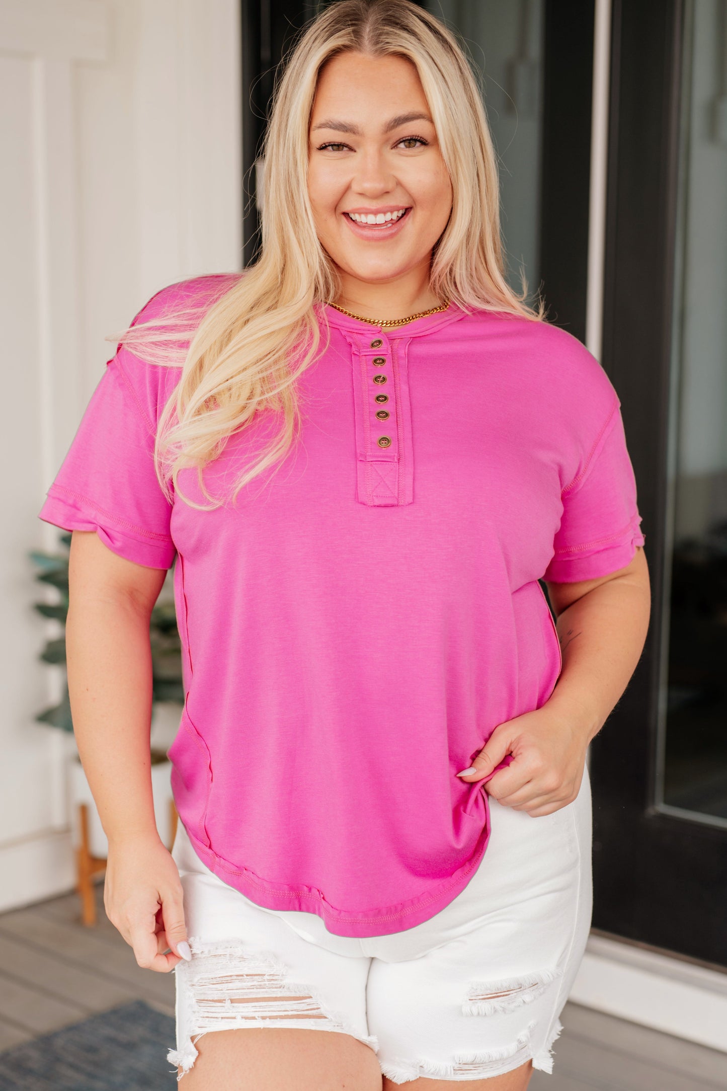 On A Whim Pink Raw Hem Henley Tee