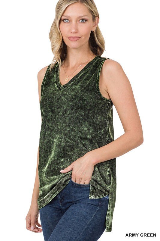 MINERAL WASH SLEEVELESS V-NECK TOP WITH SIDE SLIT