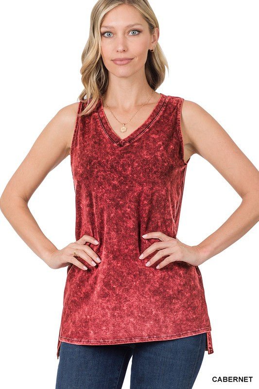 MINERAL WASH SLEEVELESS V-NECK TOP WITH SIDE SLIT