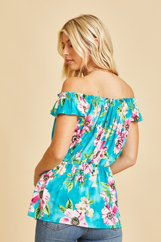 Off Shoulder Short Sleeve Top with Ruffles in Teal/Magenta