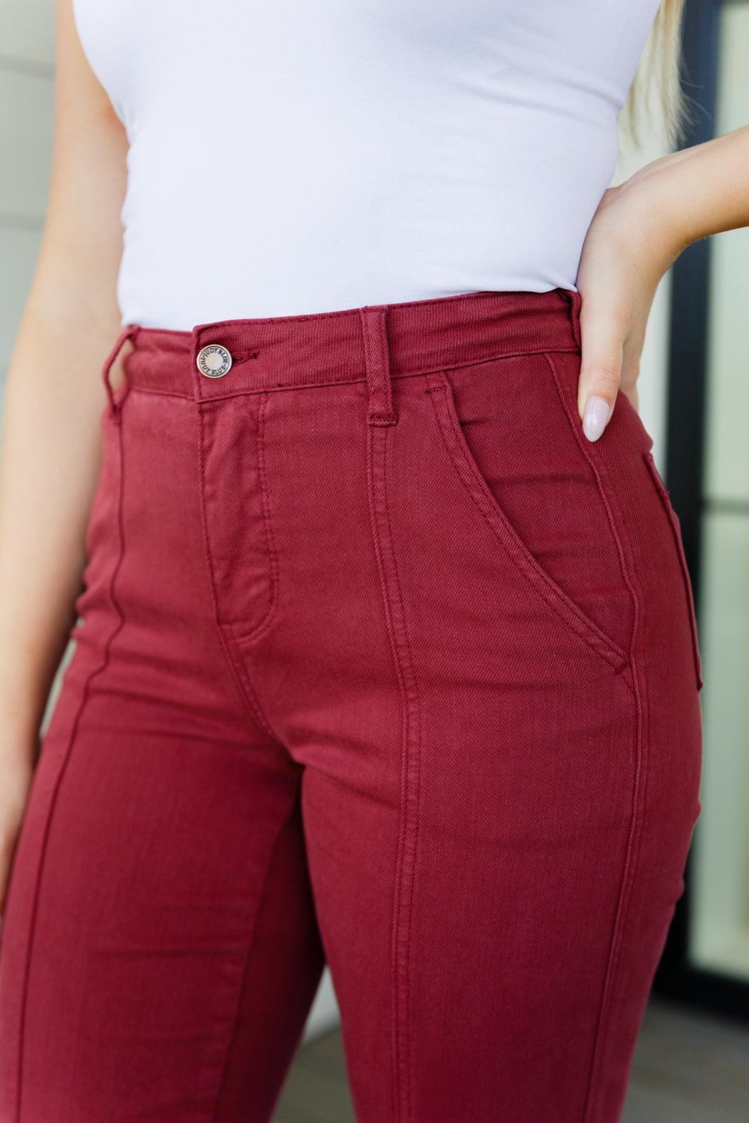 Phoebe High Rise Front Seam Straight Jeans in Burgundy