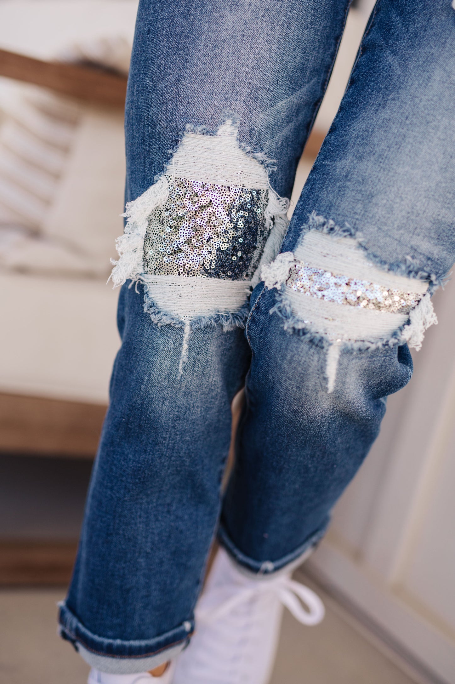 Suki Mid Rise Sequin Patch Tapered Jeans